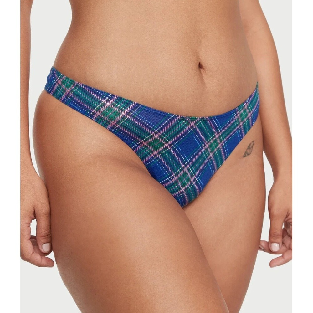 Victorias Secret High Leg Scoop Thong Panty Blue‎ Green Pink Plaid Mesh Size XS